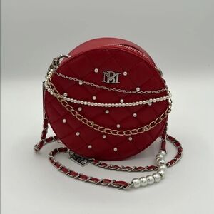 Badgley Mischka Chic Red Quilted Crossbody Bag with Chain and Pearl Accents